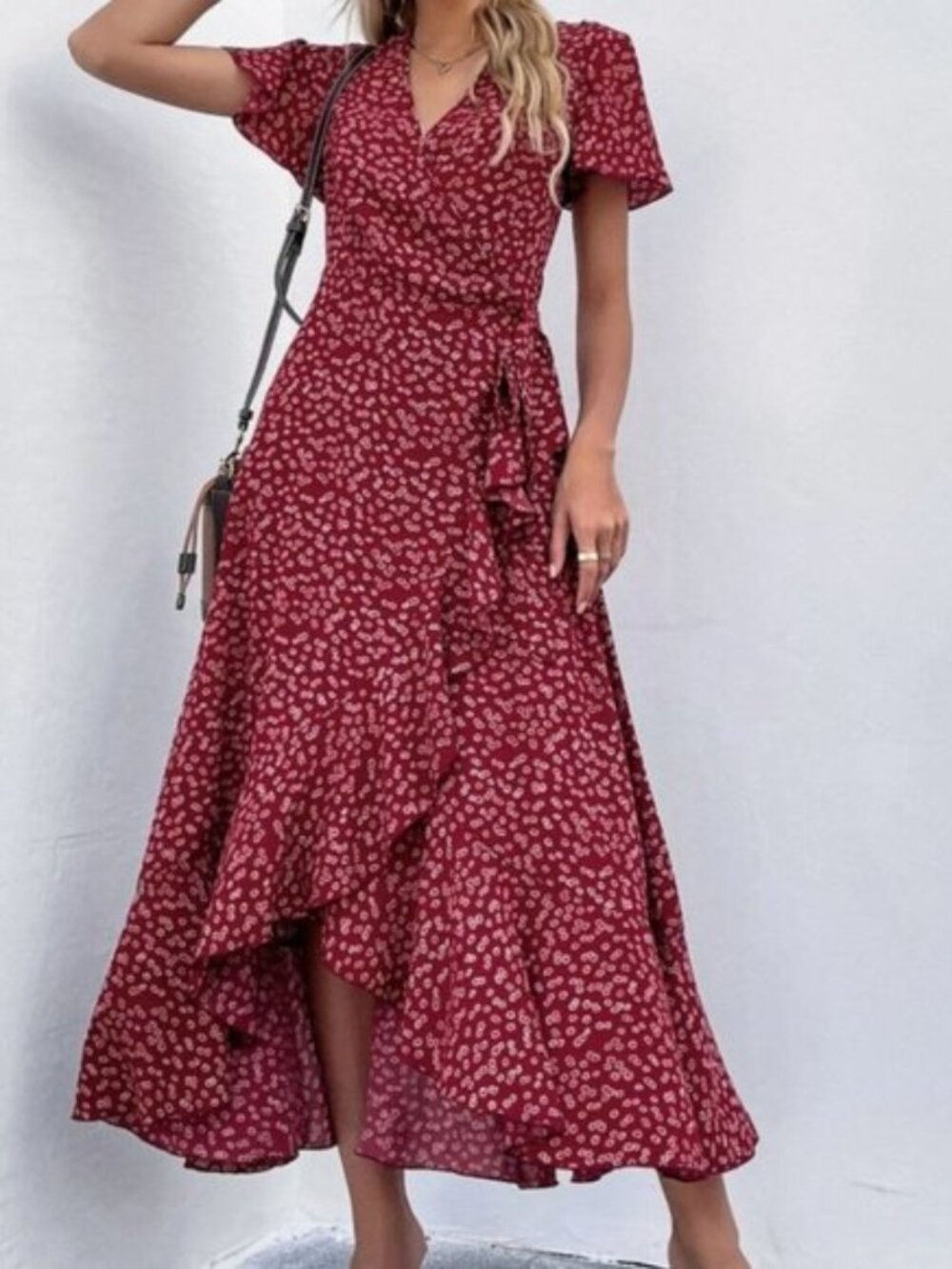 Beautiful Floral Ruffle Trim Wrap Maxi Dress